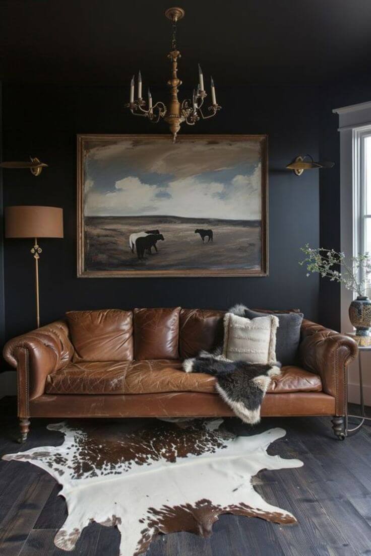 western goth living room with brown leather sofa and cows painting